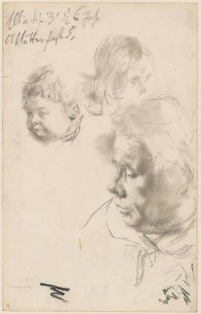 Frauenkopf und zwei Kinderköpfe von Adolph Menzel